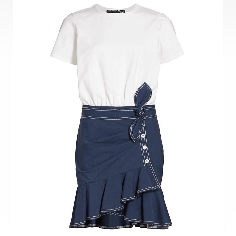 Veronica Beard White Tee Navy Blue Ruffle Mini Dress XS New! - Picture 4 of 5